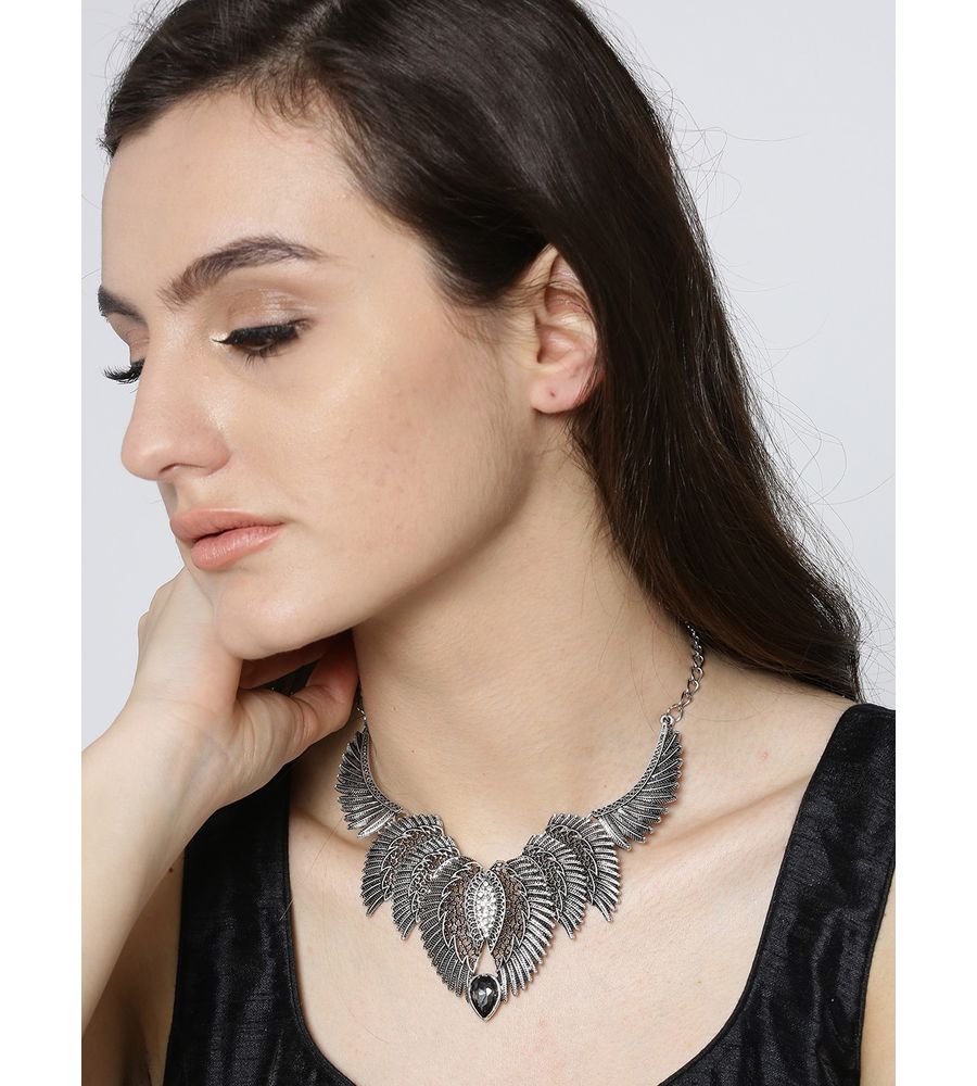 YouBella Oxidised Silver-Plated Textured Stone-Studded Necklace